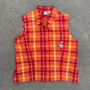 VTG Disney Sunset Plaid Sleeveless Button Up Blouse Embroidered Pooh Piglet LG